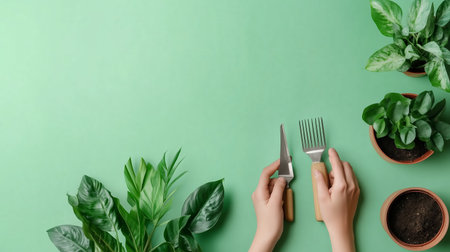 Gardening tools and potted plants laid out on a green surface for home gardening activitiesの素材