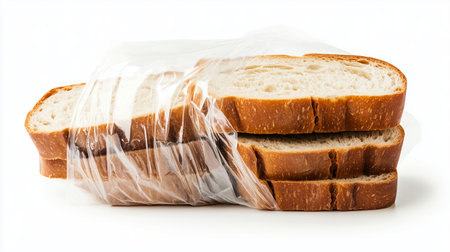 Slices of fresh bread neatly packed in transparent plastic wrap against a clean white backgroundの素材