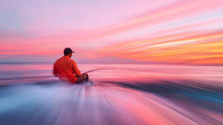 A fisherman sits peacefully on the shoreline at sunset, casting a line into the gently flowing surf during twilight hoursの素材
