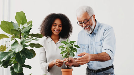 A young woman and an older man caring for a potted plant in a bright room during a gardening session togetherの素材