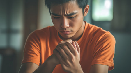 A young man in an orange shirt reflects deeply while clasping his hands together in a quiet room during afternoon lightの素材