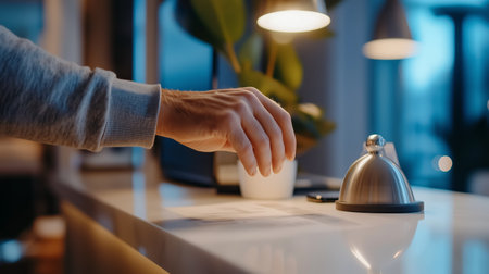 A person placing an order at a modern cafÃ© counter during twilight with ambient lighting and a cozy atmosphereの素材