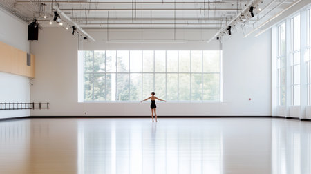 A dancer practices alone in a spacious studio with large windows letting in natural light during afternoon hoursの素材
