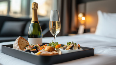 Elegant room service tray with gourmet food and champagne in a luxury hotel settingの素材