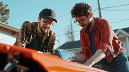 Two friends working on a classic car engine in a sunny driveway during the afternoonの素材