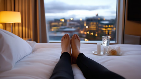 Relaxing evening in a hotel room with skyline view, enjoying a meal and refreshing drink after a long day of travelの素材