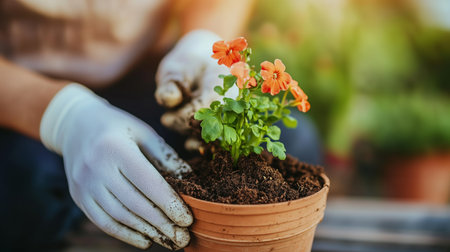 Gardener planting vibrant orange flowers in a clay pot on a sunny afternoon in a lush garden settingの素材