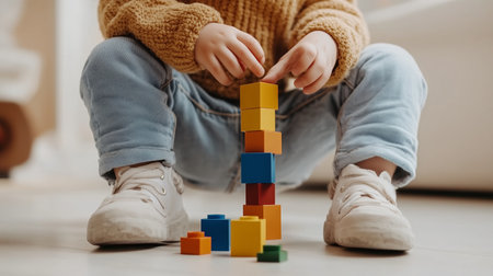 Child building a colorful tower with blocks indoors during a playful afternoonの素材