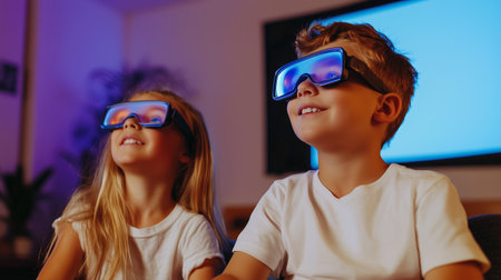 Children wearing virtual reality glasses enjoy an immersive experience indoors during the eveningの素材