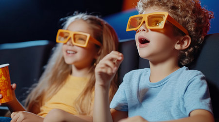 Children enjoying a thrilling 3D movie experience in a modern cinema with colorful glasses in the afternoonの素材