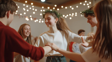 Joyful group dancing together indoors at a festive gathering with fairy lights overhead during the holiday seasonの素材