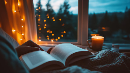 Enjoying a cozy evening reading a book by candlelight while soft string lights illuminate the room and sunset colors peek through the windowの素材