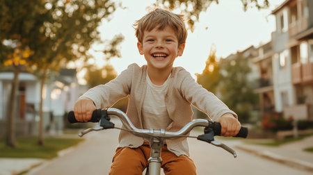 A young boy joyfully rides his bicycle down a serene neighborhood street during the golden hour of late afternoonの素材