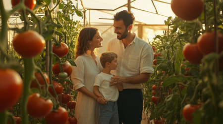 A family enjoys time together while harvesting ripe tomatoes in a sunlit greenhouse during the summerの素材