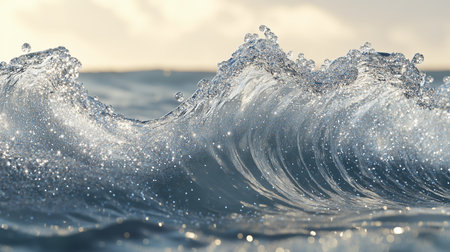 Waves crashing in the afternoon light along a serene ocean shoreline, glistening with droplets under the sunの素材