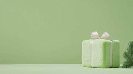 A soft green gift box with a white ribbon sits elegantly on a light green background, creating a serene and festive atmosphereの素材