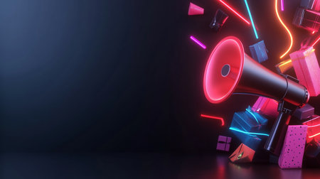A vibrant megaphone surrounded by colorful geometric shapes and dynamic neon lights in a dark settingの素材