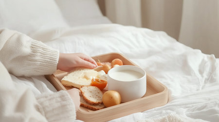 A cozy breakfast tray featuring fresh bread, fruit, and yogurt on soft bed linen, perfect for a relaxing morning at homeの素材
