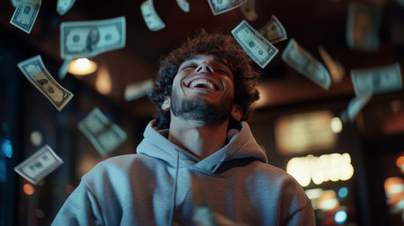 Young man joyfully celebrating as dollar bills cascade around him in a vibrant indoor setting at nightの素材