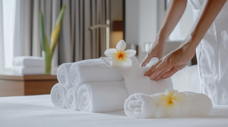 Preparing clean towels with a touch of elegance in a luxurious hotel room settingの素材