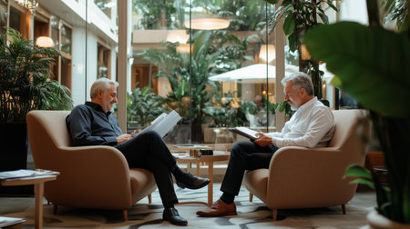 Two men engaged in a discussion in a modern indoor garden area with lush greenery and comfortable seatingの素材