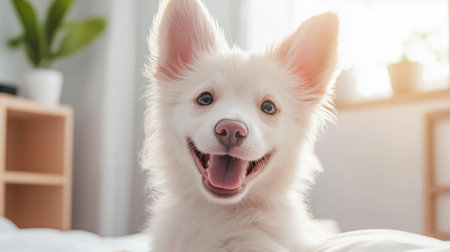 Happy white dog enjoying sunlight indoors in a cozy room with plants and furniture during the daytimeの素材