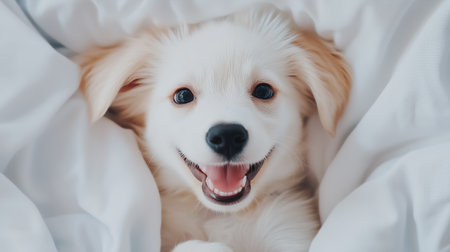 Adorable puppy with bright smile nestled in soft white bedding during a cozy morning at homeの素材