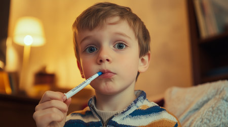 A young boy thoughtfully chews on a blue marker while sitting in a cozy living room during the afternoonの素材
