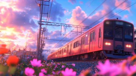 A vibrant sunset illuminates a pink train passing through a field of flowers near the railway tracksの素材