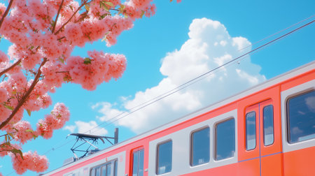 A bright orange train passing beneath fluffy clouds and cherry blossoms in full bloom on a sunny dayの素材