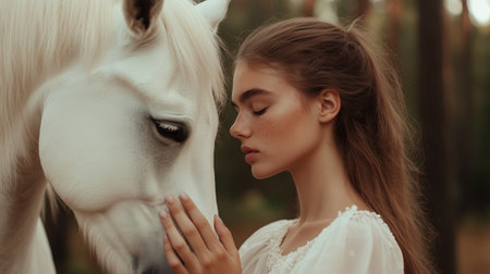 A serene moment between a young woman and a white horse in a sunlit forest during early afternoonの素材
