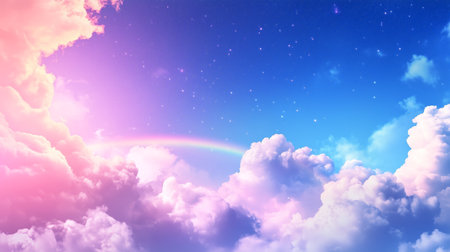 A vibrant sky at sunset with colorful clouds and a rainbow appearing over a peaceful landscapeの素材