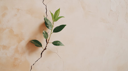 A small green plant growing through a crack in the beige wall illustrates resilience and the beauty of natures persistenceの素材