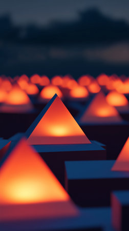 A mesmerizing array of glowing pyramids at dusk illuminating the night landscape with warm orange lightの素材