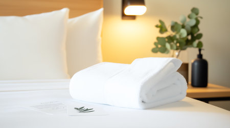 Freshly arranged white towels on a neatly made bed with decorative elements in a modern hotel roomの素材
