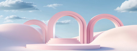 A surreal pink archway landscape under a blue sky with fluffy clouds in a dreamy, minimalistic setting during daylightの素材
