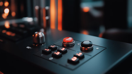 Close-up view of control panel buttons with vibrant lighting in a modern setting, highlighting intricate design and functionalityの素材
