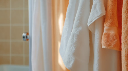 Soft towels hanging in a bright bathroom during the day, showcasing a welcoming and clean atmosphereの素材