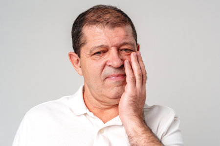 Concerned older man touching his face in a neutral-toned setting reflecting an emotional momentの写真素材