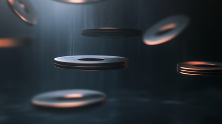Weights suspended in dim light create an atmosphere of tranquility and focus during a workout session in a gymの素材