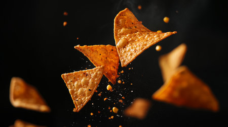 Crunchy tortilla chips floating against a dark backdrop create a dynamic and appetizing culinary displayの素材