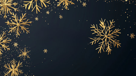 Golden snowflakes gracefully falling against a dark background, creating a festive atmosphere for winter celebrationsの素材