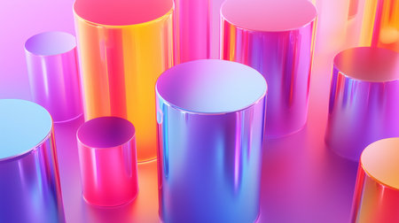 Colorful reflective cylinders arranged artistically on a vibrant background during a creative design projectの素材