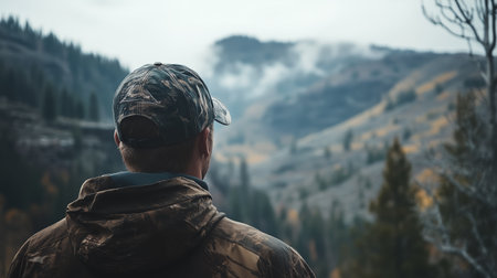 A man wearing a camo jacket and hat observes a misty mountain landscape during early morning in a forested regionの素材