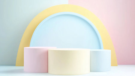 Soft pastel geometric shapes create a modern backdrop in a minimalist studio settingの素材