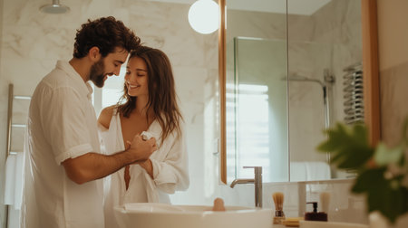 A couple enjoys a playful moment together in a bright bathroom, sharing laughter and affection while getting ready for their dayの素材