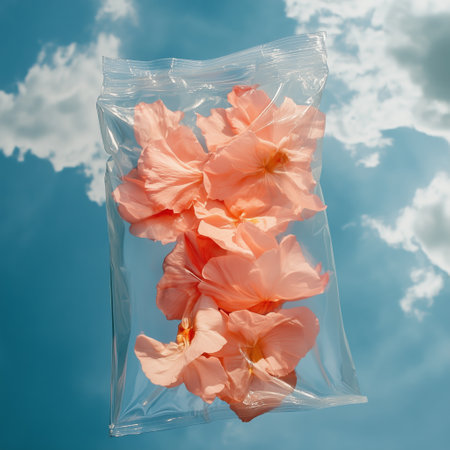 A delicate arrangement of peach blossoms encased in clear packaging against a bright blue sky with cloudsの素材