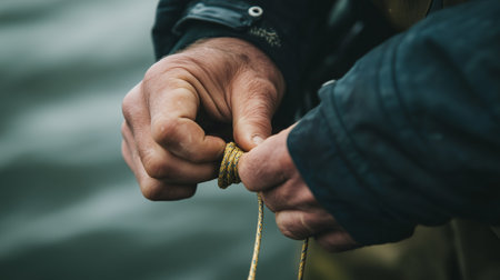 A person skillfully tying a knot with a rope by the riverbank on a cloudy day in early springの素材