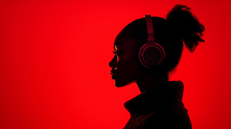 A young woman listening to music with headphones against a vibrant red backdrop during a creative studio sessionの素材
