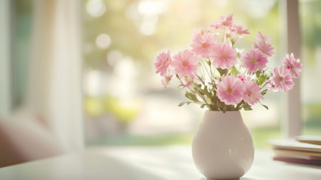 A delicate vase of pink flowers on a table bathed in soft sunlight in a cozy indoor settingの素材